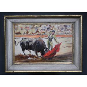 Painting Of A Bullfighting Scene - Rafael Simarro (born In 1928)