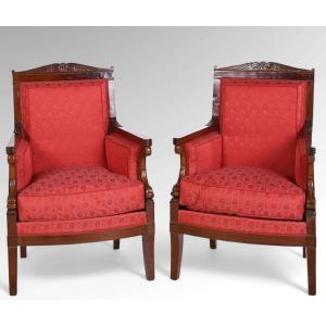 Pair Of Mahogany Bergere Chairs From The First Empire Period. 