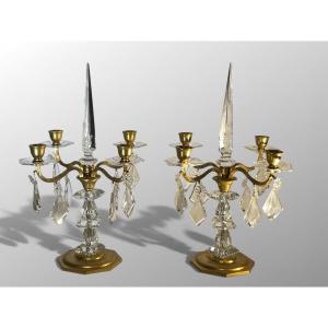 Pair Of Girandoles By Baccarat Circa 1940, Crystal And Bronze