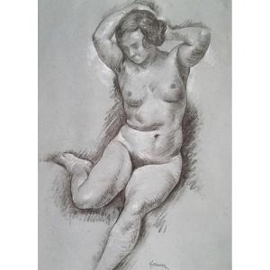 Gernez Paul Elie (1888-1948) "female Nude" Drawing In Black Pencil On Blue Paper, Signed