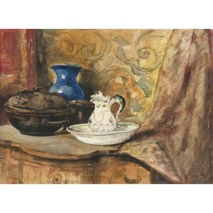 Dufeu Edouard Jacques (1840-1900) "antoine Vollon's Studio Corner" Watercolor, Signed, Frame