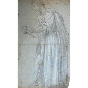 Italian School Florence 17th "draped Character/an Angel" 2 Drawings Front/back, Black Chalk