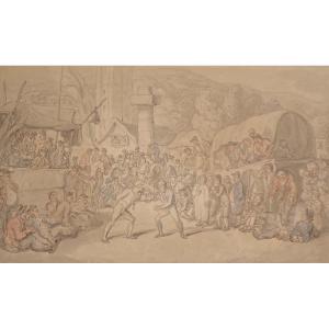 Rowlandson Thomas (1756-1827) English School "the Wrestlers" Drawing/pen And Watercolor