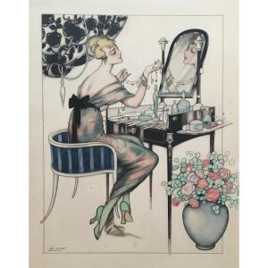 Fontan Léo (1884-1965) "elegant At The Mirror" Drawing In Black Pencil And Watercolor, Signed