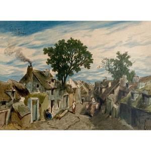 Hervier Adolphe (1818-1879) "street In A Village" Drawing/pen And Watercolor, Signed