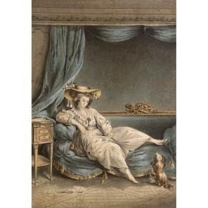 French School 18th Century "woman And Her Dog" Watercolor