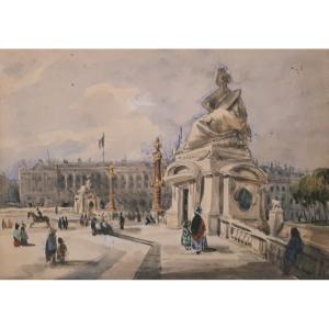 French School Circa 1850 "place De La Concorde In Paris" Drawing/watercolor, Provenance, Stamp