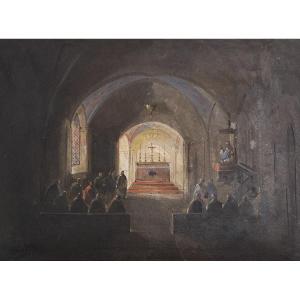 Clerian Noël-joseph-thomas (1796-1842) "the Religious Office" Drawing/watercolor And Gouache, Signed