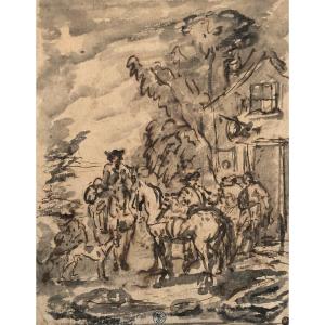 Parrocel Charles (1688-1752) "riders In Front Of A Hostel" Drawing/pen, Gray Wash, Provenance