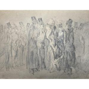 Guys Constantin (1802-1892) "dandies And Elegant Women" Gray Wash Drawing