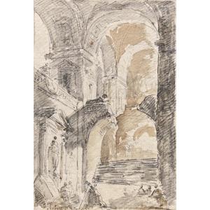 Robert Hubert (1733-1808) "fantasy Architecture With Characters" Drawing/black Chalk,brown Wash