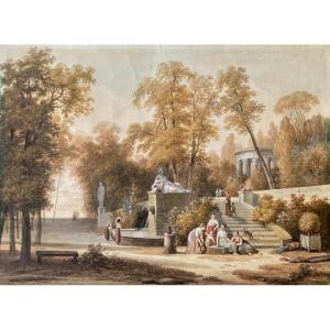 Gadbois Louis (1770-1826) "animated Landscape, A Garden" Drawing/gouache, Its Late 18th Frame