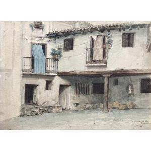 Worms Jules (1832-1924) "courtyard Of A House In Granada" Watercolor, Signed, Located, And Dated