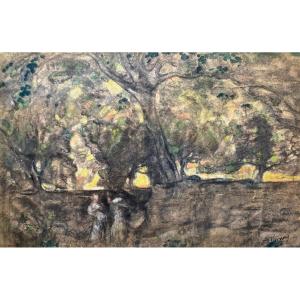 Vernay François (1821-1896) "characters Under Trees" Drawing/black Pencil And Pastel, Signed