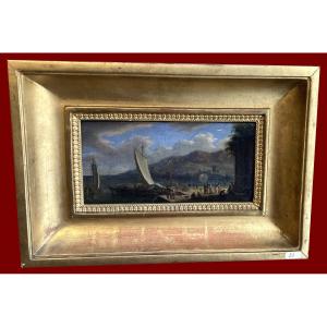 Cabel Adrian Van Der (1631-1705) Attributed To "landscape At The Port" Oil On Panel, 19th Frame