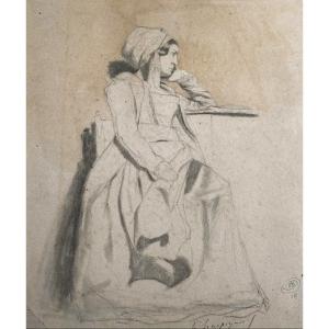 Harpignies Henri (1819-1916) "an Italian" Drawing/black Pencil And Watercolour, Signed