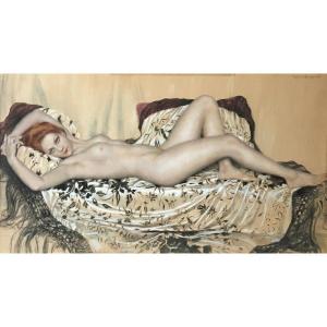 Brisgand Gustave (1867-1944) "elongated Female Nude" Pastel, Signed, Modern Frame