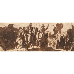 Tempesta Antonio (1555-1630) "horsemen" Drawing In Pen And Brown Wash, 19th Frame