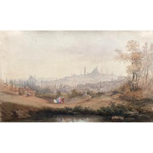 French School Circa 1850 "view Of Istanbul" Watercolor And Gouache