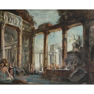 Servandoni Giovanni Niccolo (1695-1766) Attr. à"interior Of An Animated Temple & Fountain" Gouache