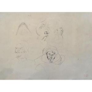 Delacroix Eugène (1798-1863) "arab Heads" Drawing In Black Pencil, Stamp Of The Sale