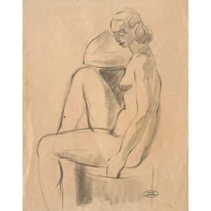Derain André (1880-1954) "seated Nude" Drawing In Black Pencil, Bears The Stamp Of The Atelier