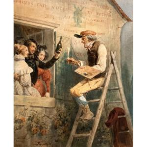 Bellange Hippolyte (1800-1866) "the Painter" Watercolor, Signed, 19th Frame