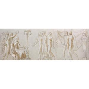 French School Late 18th Neoclassic "scene With Roman Emperor" Drawing/pen, Brown Wash, Gouache