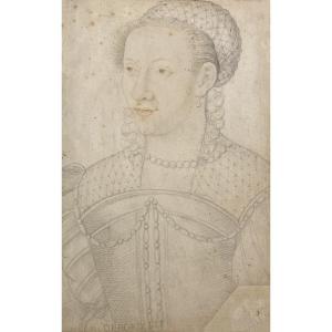 French School 16th Century "portrait Of A Woman" Drawing In Black Chalk And Red Pencil