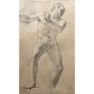 Italian School Late 17th-early 18th "man's Academy" Drawing /black Chalk And White Chalk