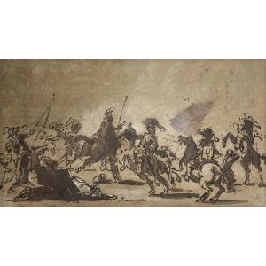 Simonini Francesco (1685-1755), Attributed To, “cavalry Shock” Drawing In Pen And Brown Wash