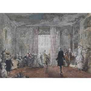 Lejeune Nicolas (1750-1804) "characters At The Villa Medici" Pen And Watercolor Drawing