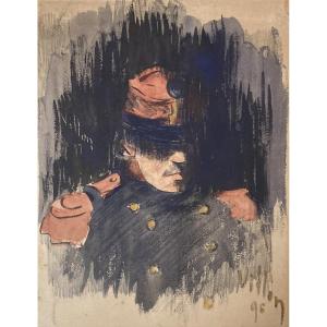 Villon Jacques (1875-1963) "a Soldier" Watercolor, Signed & Dated, Provenance Schoeller Collection