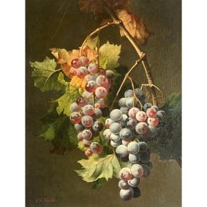 Node Charles (1811-1886) "still Life With Grapes" Oil On Panel, Signed, 19th Century Frame