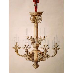 Dardel René (1796-1871) Architect "chandelier Project" Drawing In Black Pencil And Watercolor