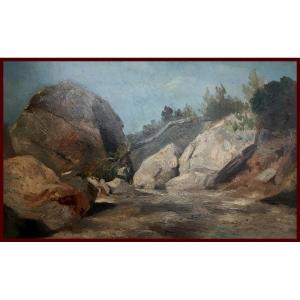 French School Circa 1840 "landscape With Rocks And Character" Oil On Paper