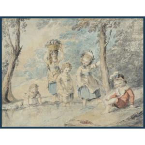 English School 18th"children At The Edge Of A Pond" Watercolor, Suggested Attribution/jf Rigaud