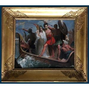 French School Early 19th "evacuation Of The Palladium & The Peplos" Oil/canvas, Its 19th Frame