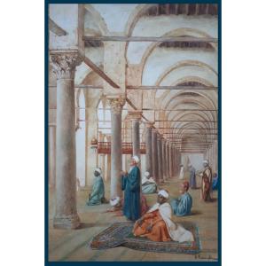 Tarenghi Enrico (1848-1938) "the Prayer At The Mosque" Watercolor, Signed