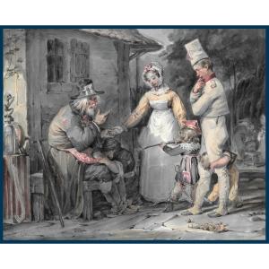 Charlet Nicolas Toussaint (1792-1845) "the Young Parents" Watercolor, Signed And Dated