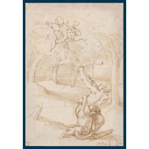 Italian School 16th Century "the Archer" Pen And Ink Drawing, Annotated, Provenance