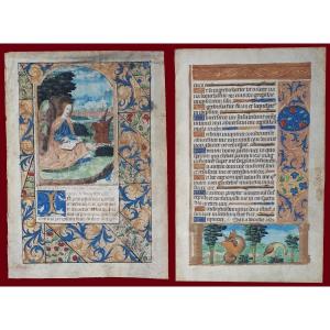 French School Circa 1550 "saint John"2 Illuminations From A Book Of Hours,gouache & Gold/vellum