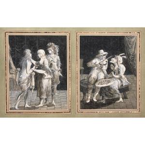 Masselli Tommasso (active In The 18th Century) "characters, Caricatures" 2nd Pair Of Gouaches, Signed And Dated