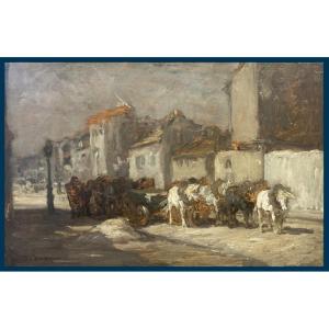 Jacque Frédéric (1859-1931) "horses And Cart" Oil On Panel, Signed