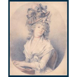French School Late 18th Century "lady With A Hat" Drawing/black Pencil And Red Chalk