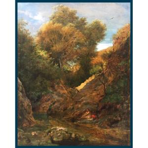 Flandrin Paul (1811-1902) "classic Landscape" Oil/paper Laminated On Canvas, Signed, 19th Frame