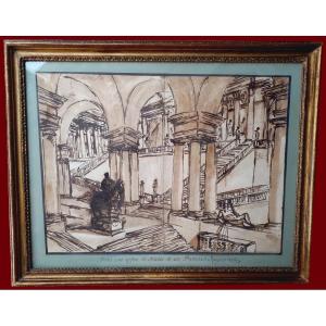 Challe Charles Michelangelo (1718-1778) "interior Of A Palace" Large Drawing/pen, Ink Wash