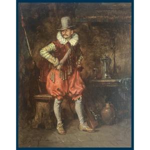 Roybet Ferdinand (1840-1920) "a Musketeer" Oil On Panel, Signed