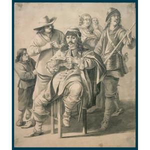 Flemish School Late 17th - Early 18th Century "characters" Gray Wash Drawing