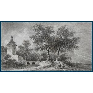 Desfriches Thomas-aignan (1715-1800) "animated Landscape" Drawing In Black Chalk, Signed And Dated